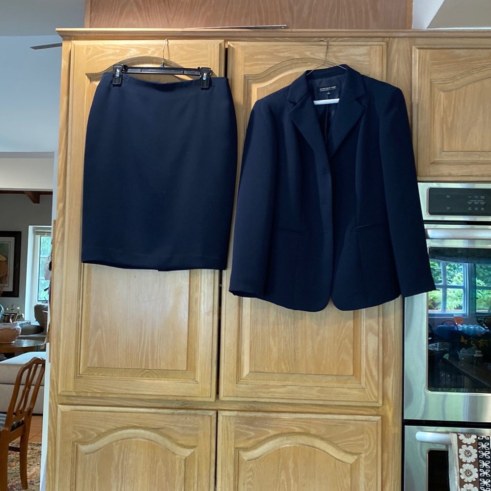 EUC woman’s navy blue suit; pencil skirt with kick pleat